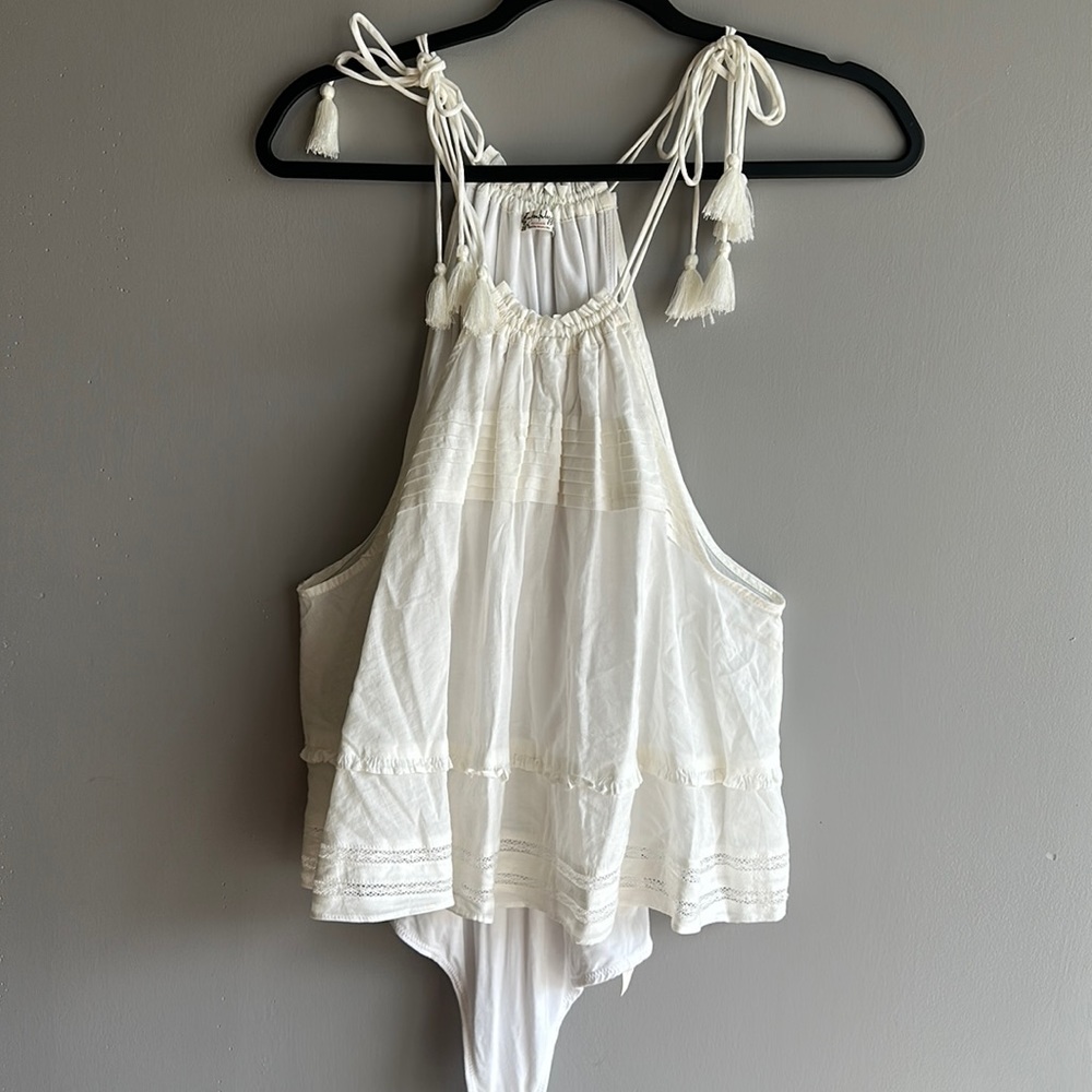 Free People White Tassel Tie Halter Bodysuit